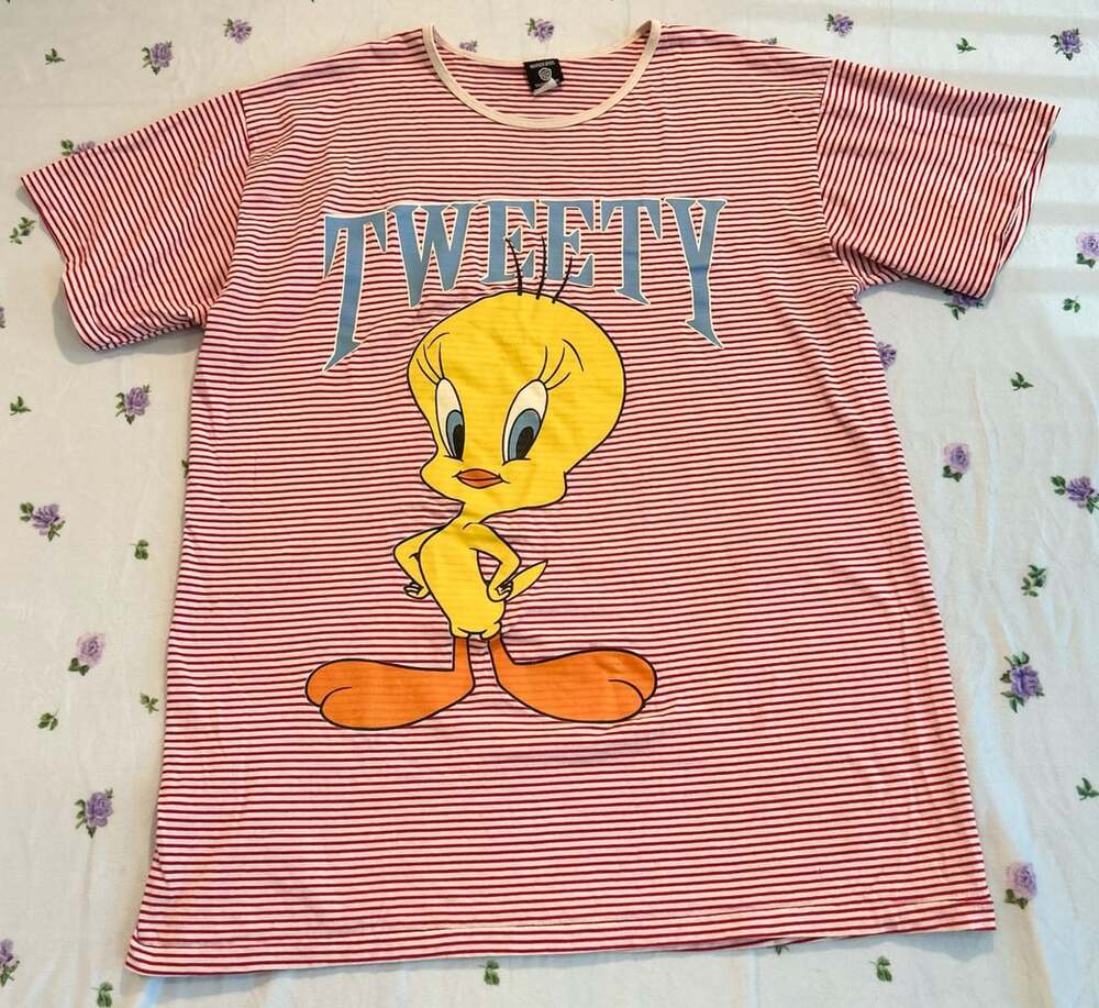 Vintage Warner Bros Tweety Bird Graphic T-Shirt Fits All Red Striped